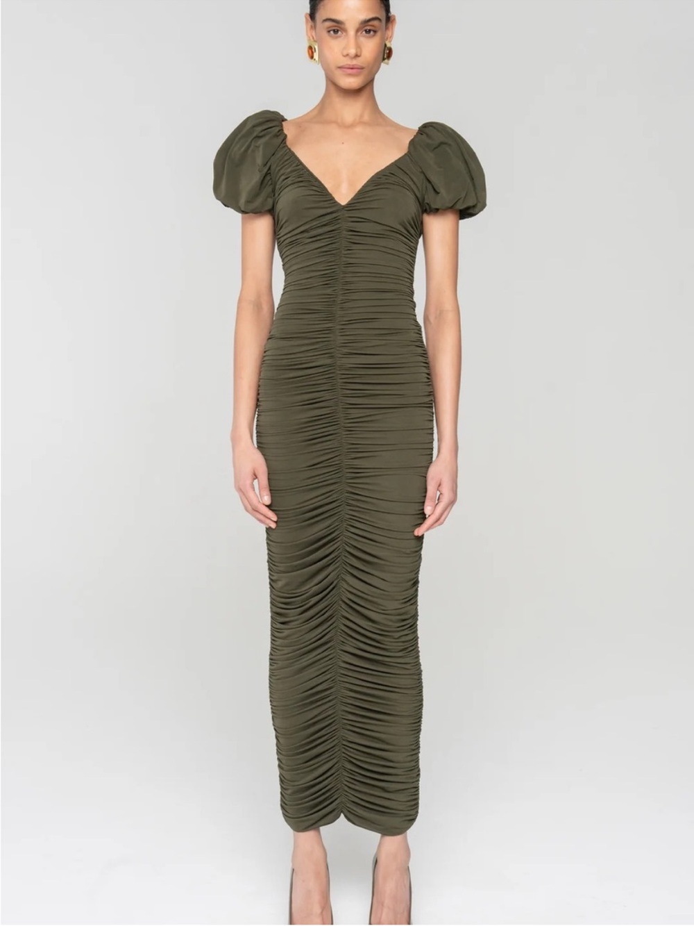 Ronny Kobo Lupine Midi Dress Ruched Bodycon Green size medium